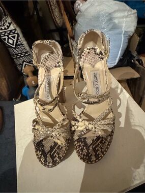 Jimmy Choo Beige and Brown Snake-Print Strappy Heels